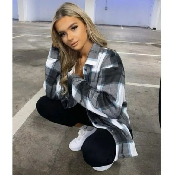 Black Plaid Check Long Sleeve Loose Fit Shacket Shirt Jacket - Picture 3 of 8